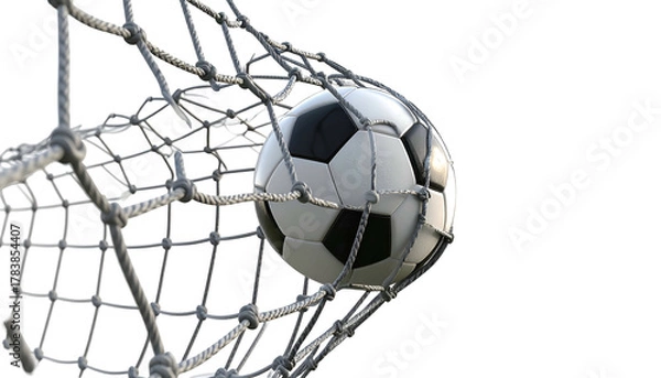 Obraz A soccer ball, with black and white panels, nestles in the netting of a goal