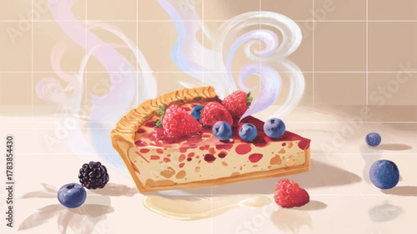 Fototapeta Warm slice of homemade berry pie with strawberries and blueberries steaming gently, cozy beige vector illustration celebrating National Pie Day and the joy of comforting homemade desserts.
