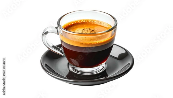 Obraz Close-up of espresso in glass cup atop saucer, rich crema and dark coffee