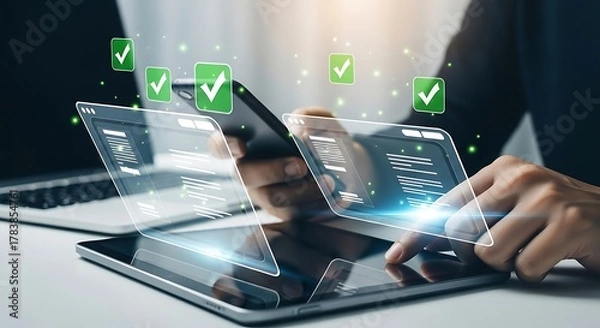 Fototapeta Modern business technology concept showing digital workflow and successful task completion with holographic interface