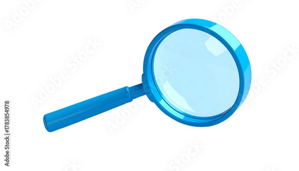 Obraz 3D rendered, bright blue magnifying glass floating against a solid black background