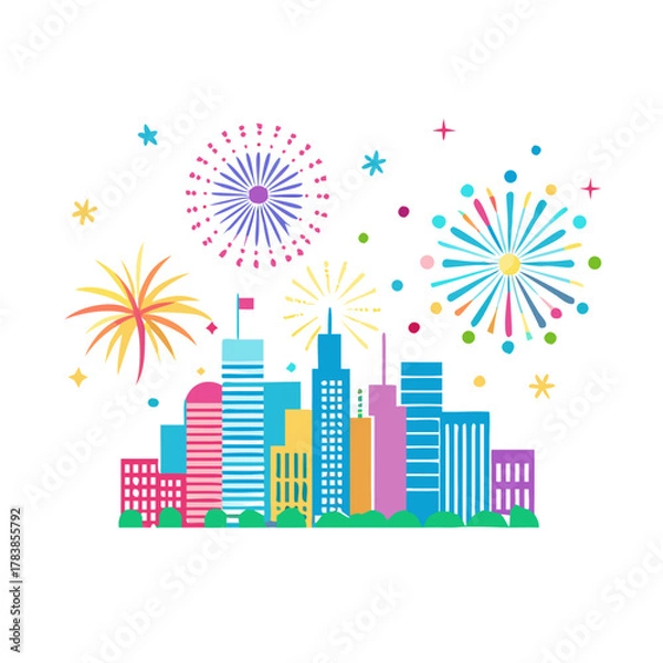 Fototapeta Colorful Vector Icon of Fireworks Over City Skyline
