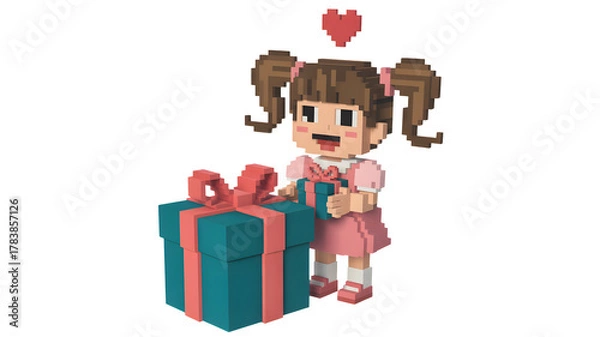 Fototapeta Cute pixel art girl with pigtails happily opening a large teal gift box with a pink ribbon isolated on transparent background