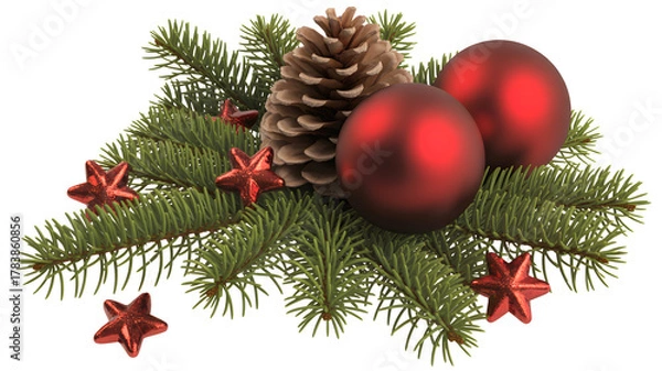 Fototapeta Festive christmas arrangement featuring a natural pine cone two shiny red baubles and small red star ornaments on green fir branches isolated on transparent background