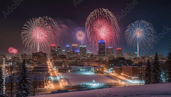 Fototapeta Winter night city skyline with glowing fireworks and reflections in snow, no people