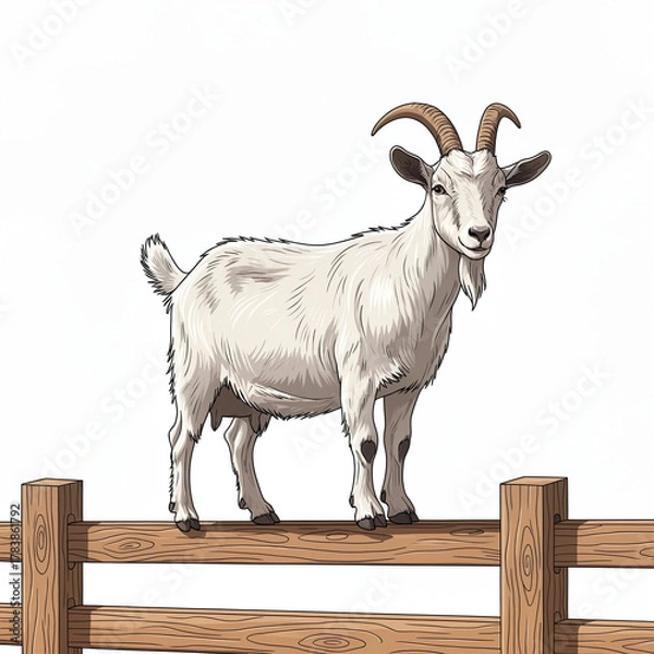 Fototapeta Goat standing on a wooden fence on a white background, copy space