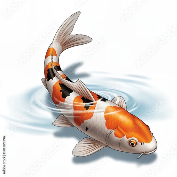 Fototapeta Koi fish swimming in a pond on a white background, copy space