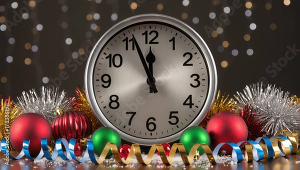 Fototapeta Clock showing midnight surrounded by festive decorations and light reflections