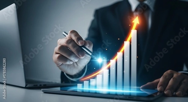 Fototapeta Businessman analyzing a glowing upward trending financial graph on a digital tablet with a laptop in the background symbolizing growth