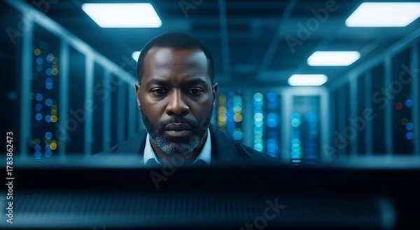 Fototapeta Focused african american man in suit intently examining data on a computer screen in a modern server room