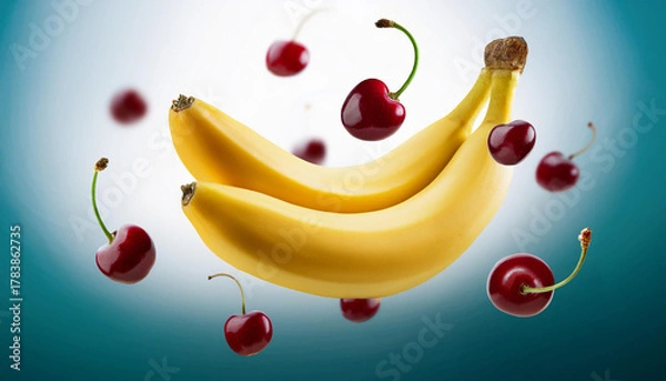 Obraz Floating Banana and Cherry Composition