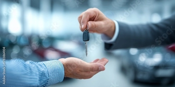 Obraz Close-up of dealership manager handing over car keys to a customer in a showroom, concept for vehicle purchase, automotive sales and rental services
