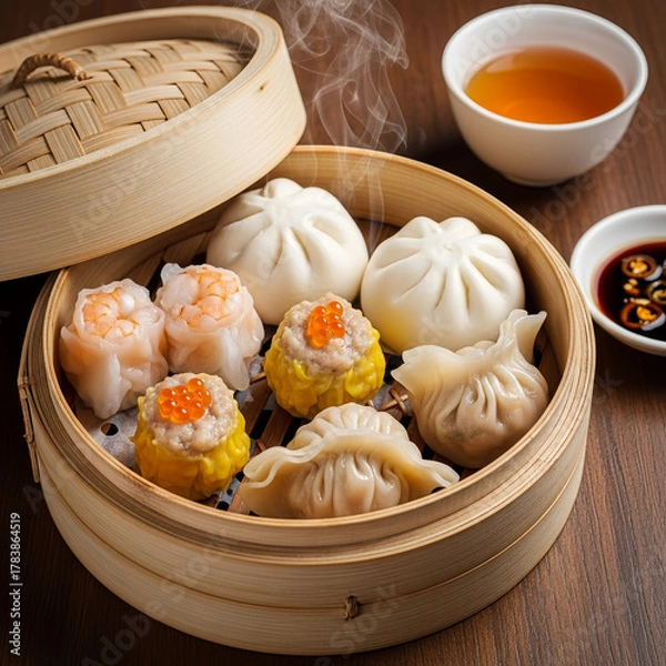 Obraz Steaming dim sum on a bamboo tray with sauces on a wooden table