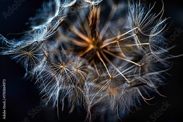 Fototapeta Inner world of dandelion in the glow of light and silence
A view into the dandelion core reveals  play of light, shadow, and natural fragility.
