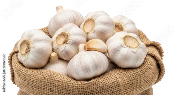 Obraz Fresh garlic bulbs in burlap sack isolated on transparent background