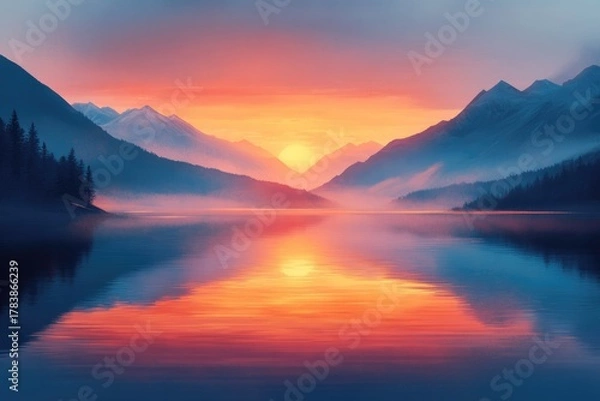 Obraz A vibrant sunset over a calm mountain lake, reflecting stunning orange, pink, and blue skies. Majestic peaks and serene forests frame this natural beauty.