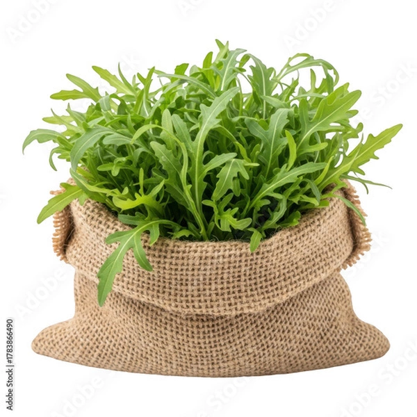 Obraz Fresh arugula greens in a burlap sack isolated on transparent background