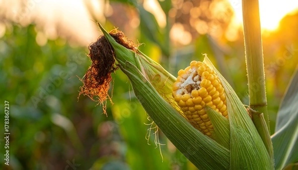 Fototapeta Ripe Corn on the Stalk in a Field at Sunset.