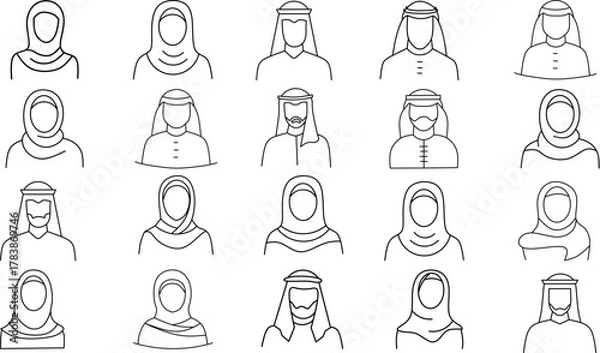 Fototapeta Saudi People Line Icon Set – Traditional and Modern Characters, Vector Illustration, Transparent Background editable line