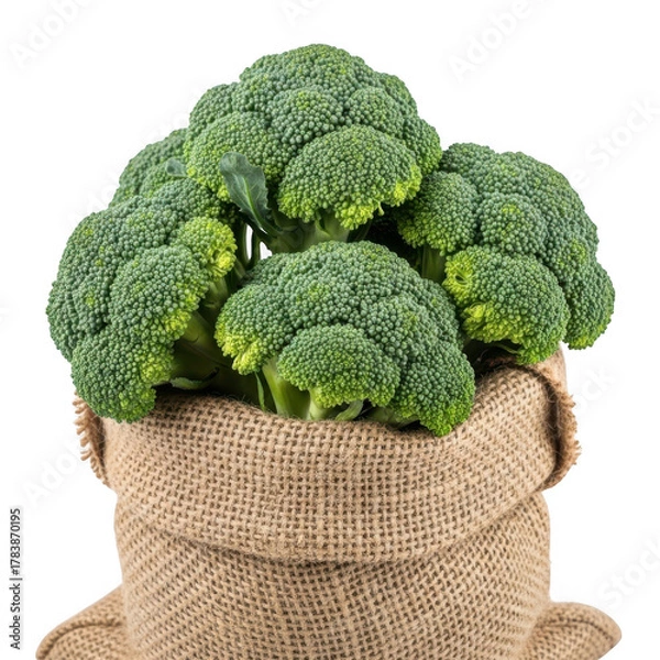 Obraz Fresh broccoli in a burlap sack isolated on transparent background