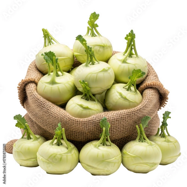 Obraz Heap of fresh kohlrabi vegetables in a burlap sack isolated on transparent background