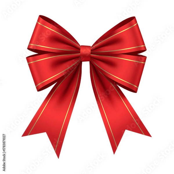 Obraz A red ribbon bow with gold pinstripes rests centered on black. Satin loops and V cut tails show soft shading, high contrast, and a polished three dimensional look.