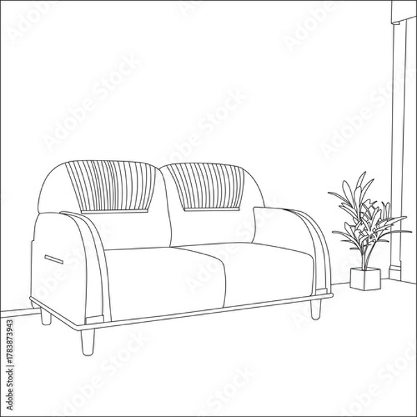 Obraz Minimal black and white line art of a modern sofa with indoor plant in a stylish living room.
Perfect for interior design illustrations, furniture decor concepts, home design projects, and coloring pa
