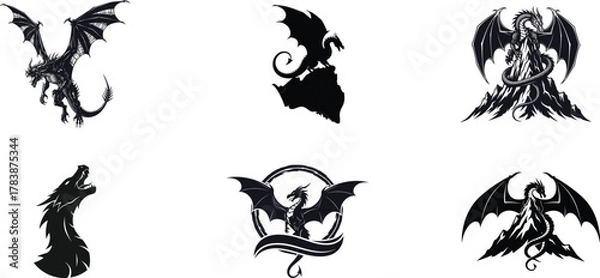 Fototapeta Collection of dark fantasy creatures including dragons and angels in silhouette and stylized illustrations