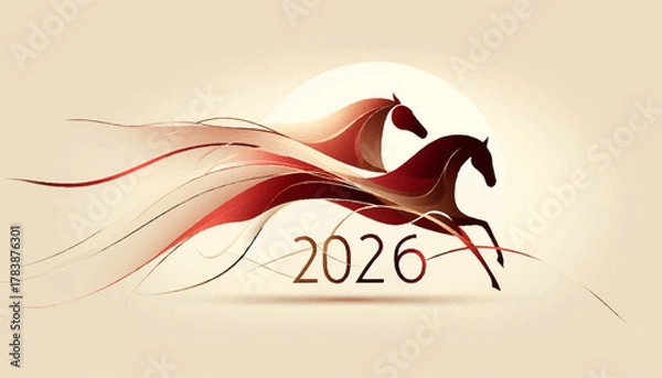 Obraz Two abstract horses made of flowing ribbons running together to celebrate the year 2026