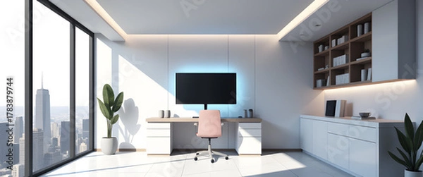 Fototapeta Modern Home Office: a sleek, contemporary home office bathed in natural light, showcasing a minimalist design with clean lines and functional elegance.