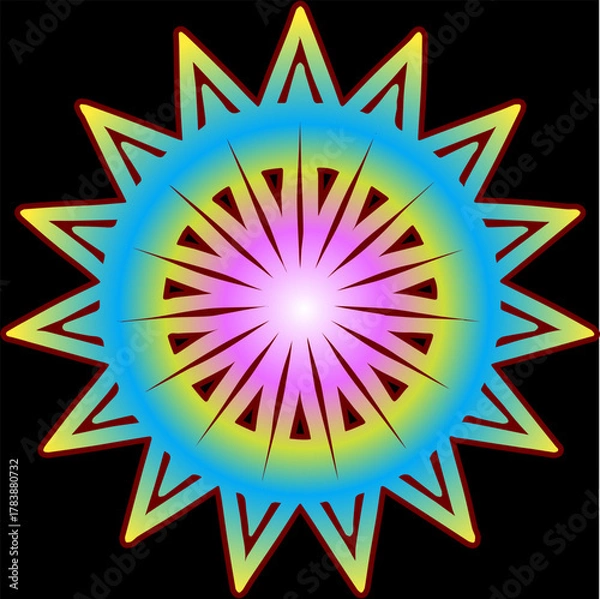Fototapeta A bright star-shaped mandala with sharp yellow and purple rays on a blue circular base.