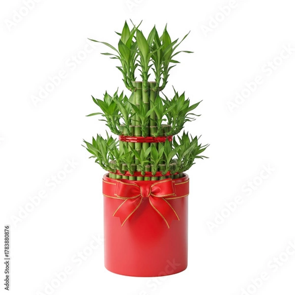 Obraz Lucky bamboo plant in a red pot with a bow isolated on transparent background
