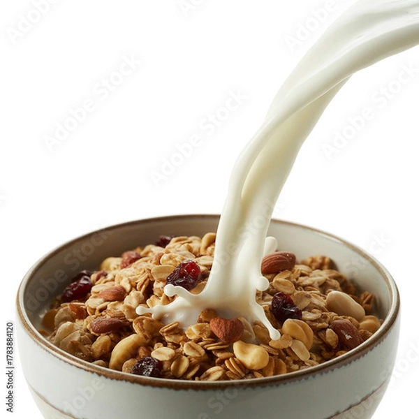 Fototapeta Granola with milk splash isolated on white background (3).png