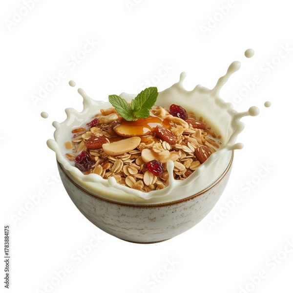 Fototapeta Granola with milk splash isolated on white background (5).png