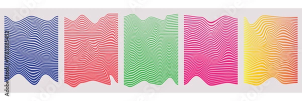 Fototapeta Colorful wavy line abstract pattern vector set — blue, red, green, pink, and yellow flowing stripe distortion background design, modern optical illusion vector art, minimal decorative wave lines