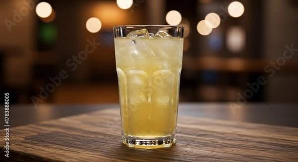 Fototapeta Glass of Iced Lemonade on a Wooden Table with Blurred Background Lights