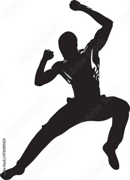 Fototapeta Silhouette of airborne figure in expressive action pose
