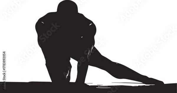 Fototapeta Silhouette of a person in a forward-leaning stretch pose preparing for physical activity

