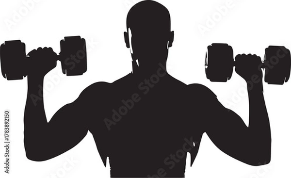 Fototapeta Silhouette of a person lifting dumbbells in a shoulder press exercise

