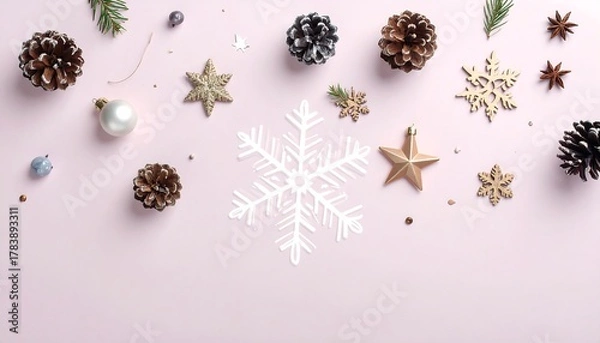 Fototapeta Festive Christmas Flat Lay with Pine Cones and Stars.