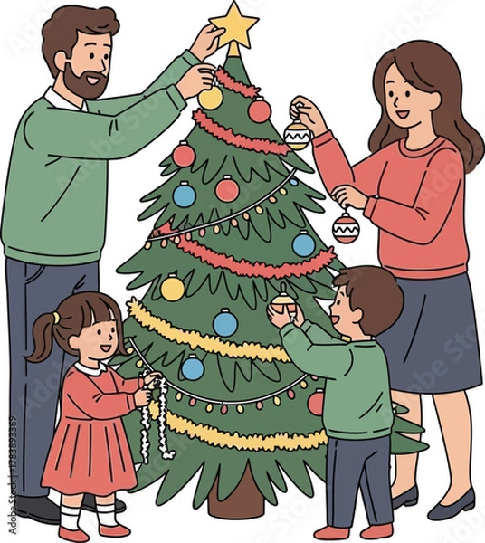 Obraz Joyful family decorates a festive Christmas tree together, creating cherished holiday memories in a warm, loving atmosphere.