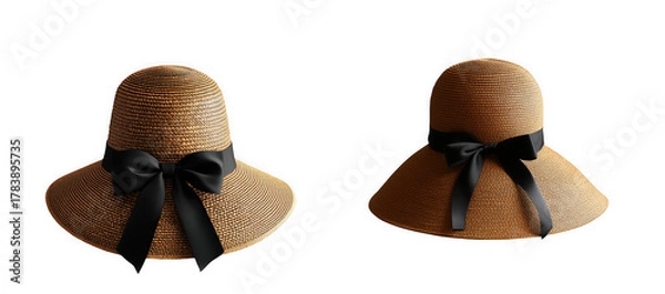 Obraz Two straw sun hats with black ribbon detail, isolated on transparent background