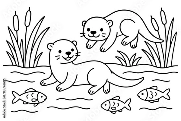 Fototapeta Playful otters in a pond with fish in cute outline style art