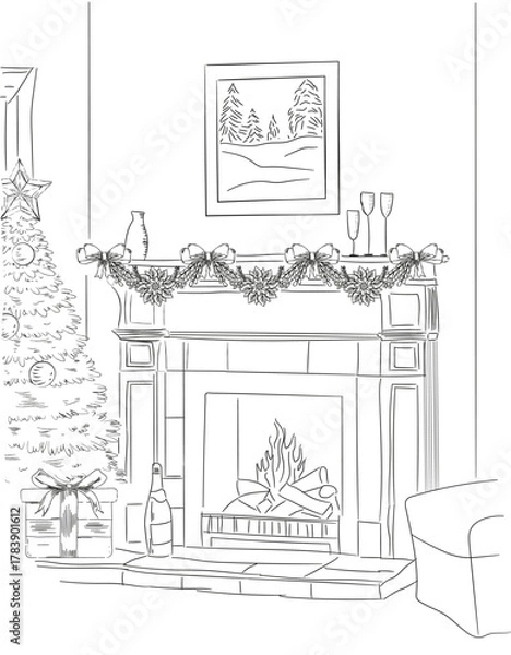 Fototapeta A cozy New Year's scene sketch featuring a fireplace with roaring flames, festive Christmas tree with ornaments, and glasses of champagne, capturing warm holiday cheer and celebration in a charming, i
