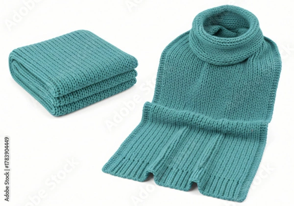 Obraz Blank Aqua knitted scarf folded and unfolded mockup set, isolated, 3d rendering. Empty christmas apparel mock up. Clear soft handmade neckerchief template 