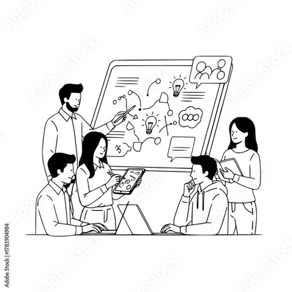 Fototapeta Dynamic professionals collaborating planning and presenting creative strategies on a digital whiteboard for a project solution landing page illustration