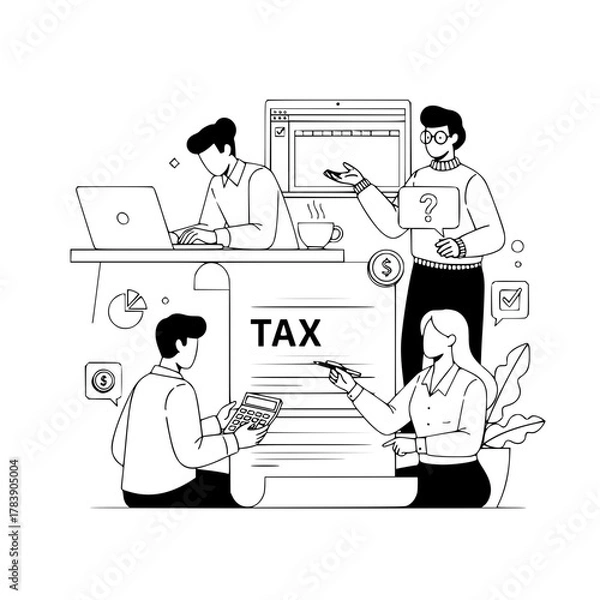 Fototapeta Professional finance individuals collaborating on tax preparation and financial analysis in an organized modern office workspace featuring a large tax document laptops calculators and charts