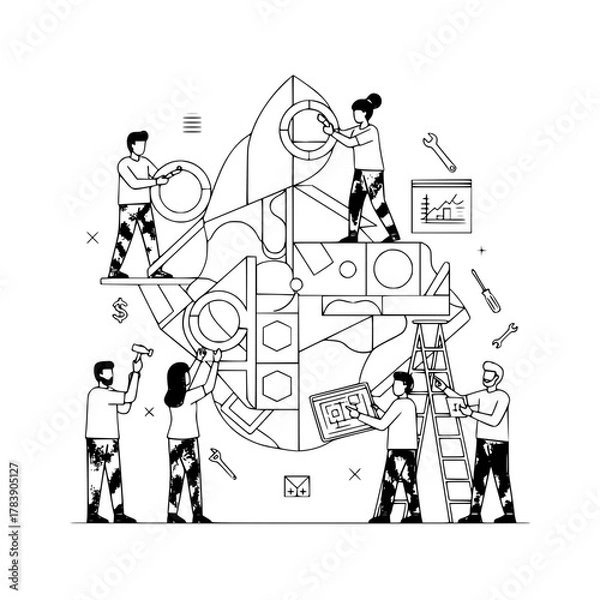 Fototapeta people, team, teamwork, collaboration, business, startup, launch, rocket, project, development, innovation, building, construction, strategy, planning, engineering, tools, assemble, progress, growth, 