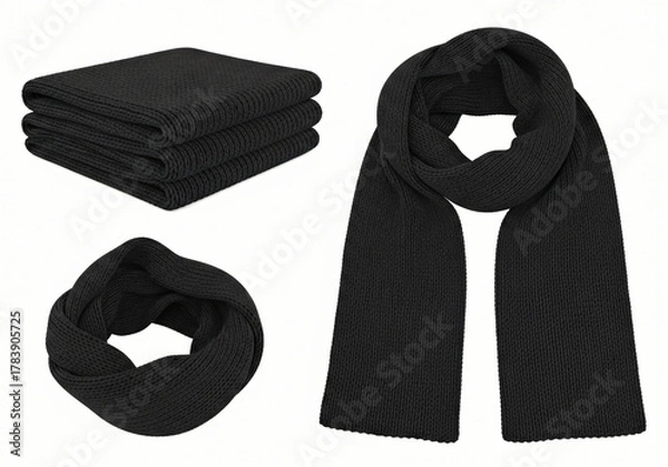 Obraz Blank black knitted scarf folded and unfolded mockup set, isolated, 3d rendering. Empty christmas apparel mock up. Clear soft handmade neckerchief template 