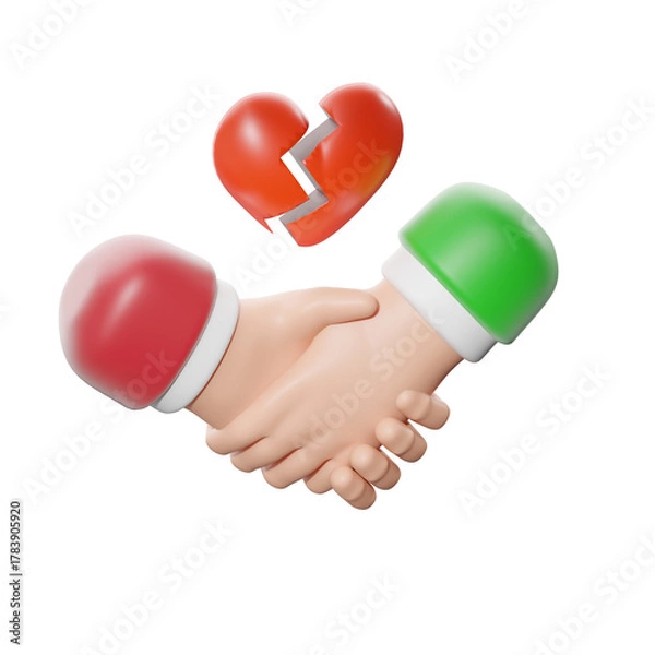 Obraz Handshake agreement beneath a broken heart symbol. 3D illustration.
